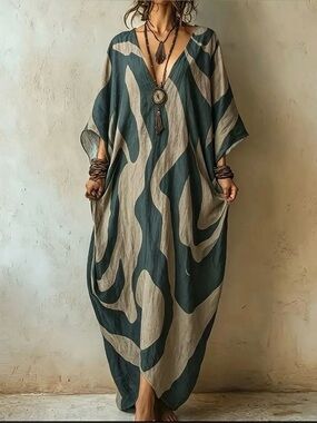 Boho V-Neck Maxi Dress in Teal and Beige